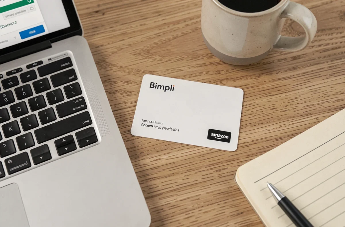 Carte cadeau Bimpli posée sur un bureau à côté d'un ordinateur affichant une page de commande Amazon