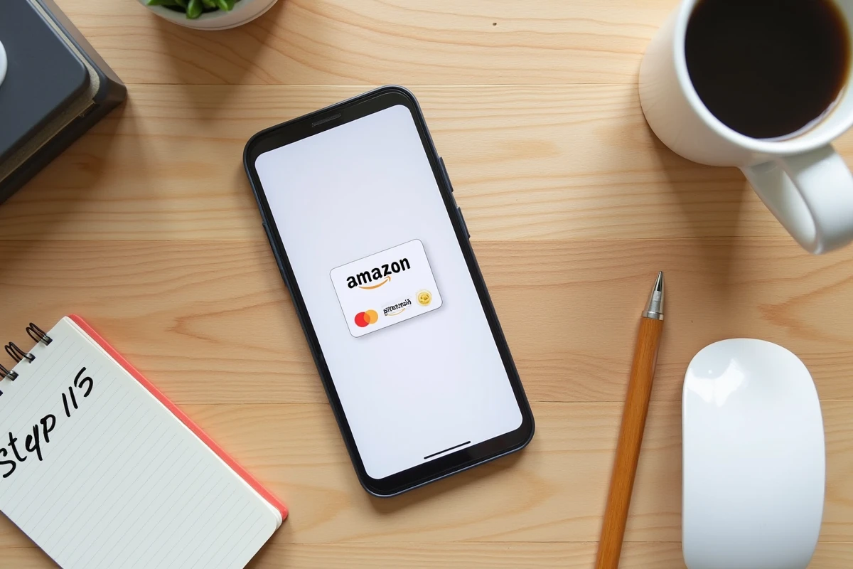 Vue de dessus d'une carte Kadeos Infini posée sur un bureau à côté d'un smartphone affichant Amazon, guide pas à pas