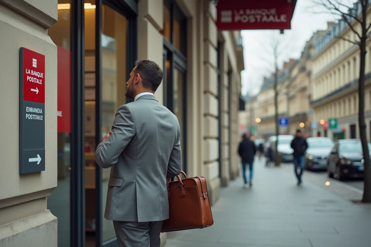 Homme d'affaires devant l'entrée d'un centre financier La Banque Postale en ville, consultant le panneau d'indication pour trouver le bon interlocuteur selon sa région