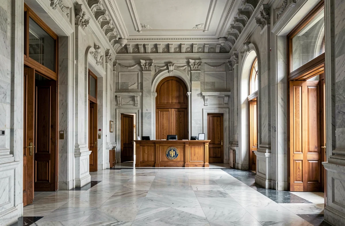 Hall d'entrée de la Chambre des Notaires d'Ille-et-Vilaine à Rennes avec plafonds ornementaux, sol en marbre et bureau d'accueil officiel