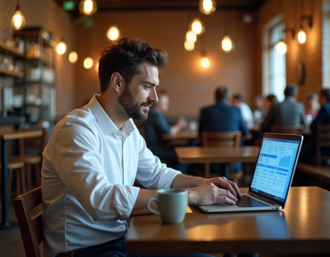 Chef d'entreprise gérant son compte professionnel BPO sur un ordinateur portable dans un café urbain