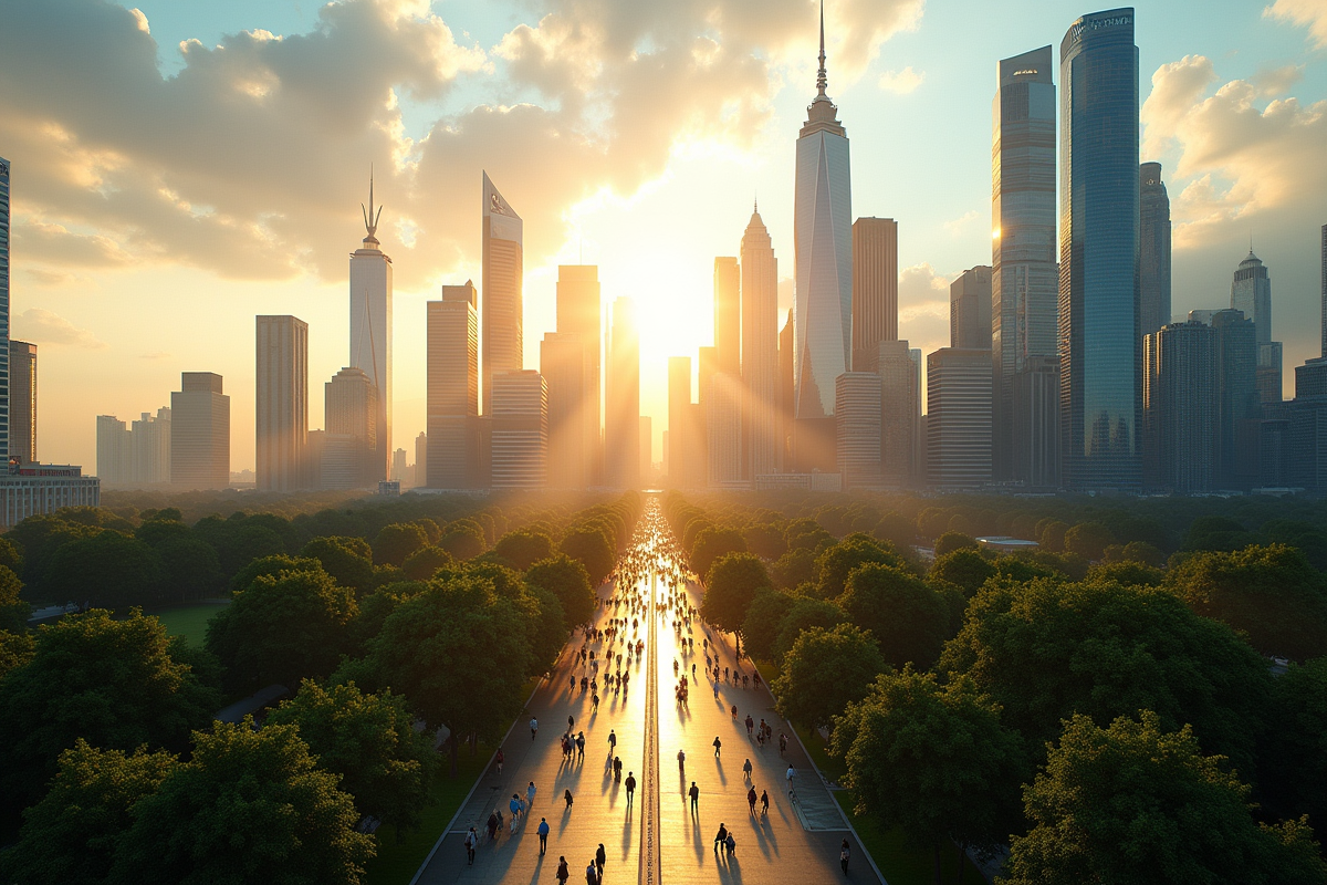 Vue d'une skyline urbaine en or avec gratte-ciel modernes