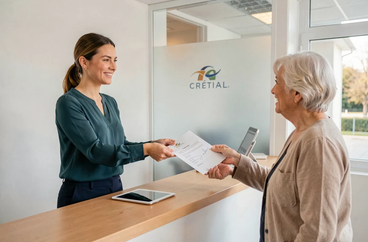 Cindy, courtière en assurance à Créteil, remettant un document signé à une cliente