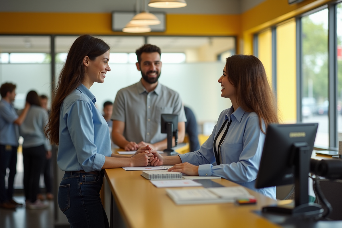 Client au comptoir Western Union avec un caissier souriant