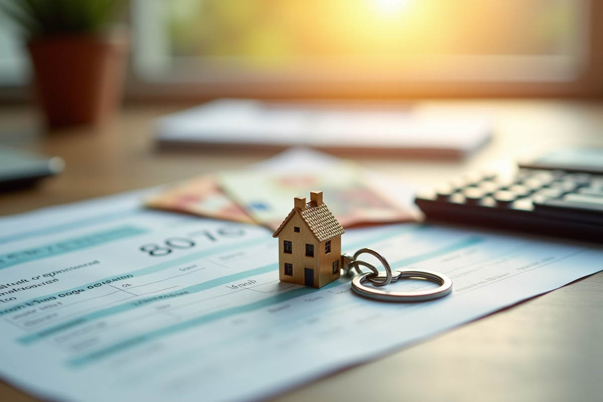 Porte-clés en forme de maison sur un dossier de pret immobilier avec billets euros