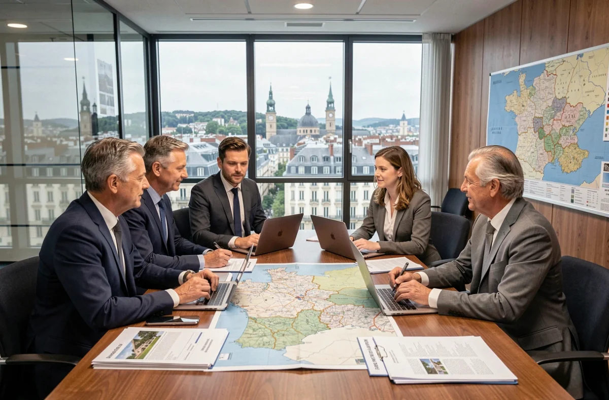 Groupe d'experts immobiliers agréés du réseau CNE Auvergne-Rhône-Alpes réunis en réunion de travail autour de cartes régionales et de rapports d'évaluation