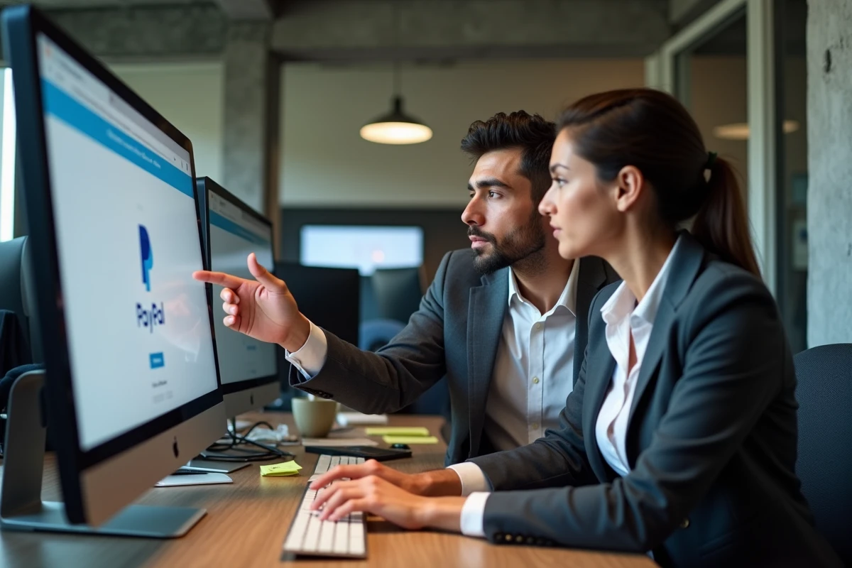 Deux collègues analysant une erreur de compte PayPal sur un ordinateur de bureau dans un bureau moderne, symbolisant la gestion des problèmes de paiement en entreprise