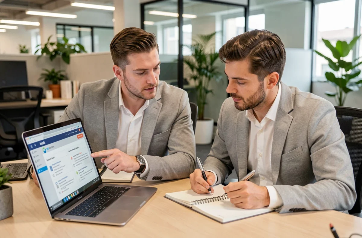 Deux collègues consultant la FAQ du service client Lydia sur un ordinateur portable au bureau