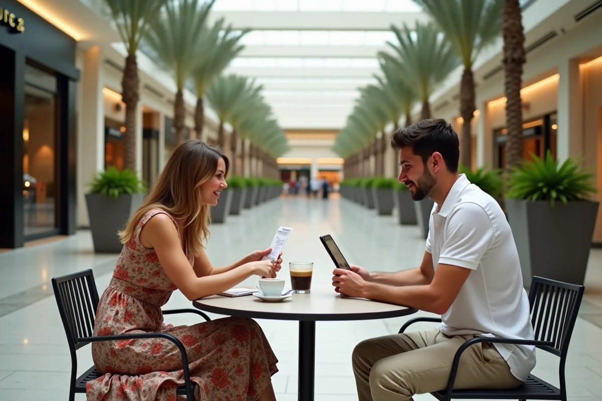 Deux amis comparant leurs achats et taux de change dans un café d'un mall luxueux à Dubaï