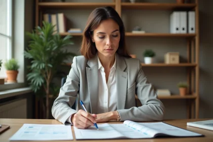 Femme comparant les taux d'un Quadreto Caisse d'Épargne et d'un PEL classique sur des documents imprimés dans un bureau à domicile