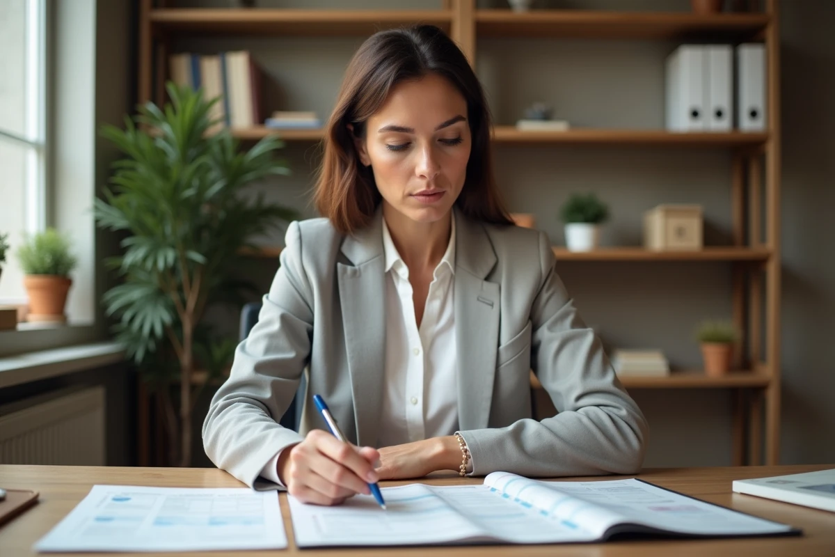 Femme comparant les taux d'un Quadreto Caisse d'Épargne et d'un PEL classique sur des documents imprimés dans un bureau à domicile