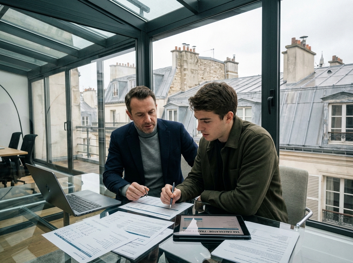 Comptable et entrepreneur parisien discutant d'erreurs fiscales dans un espace de coworking moderne