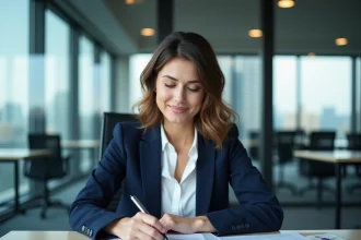 Comptable femme analyisant des tableaux comparatifs de salaires secteur public et privé dans un bureau moderne
