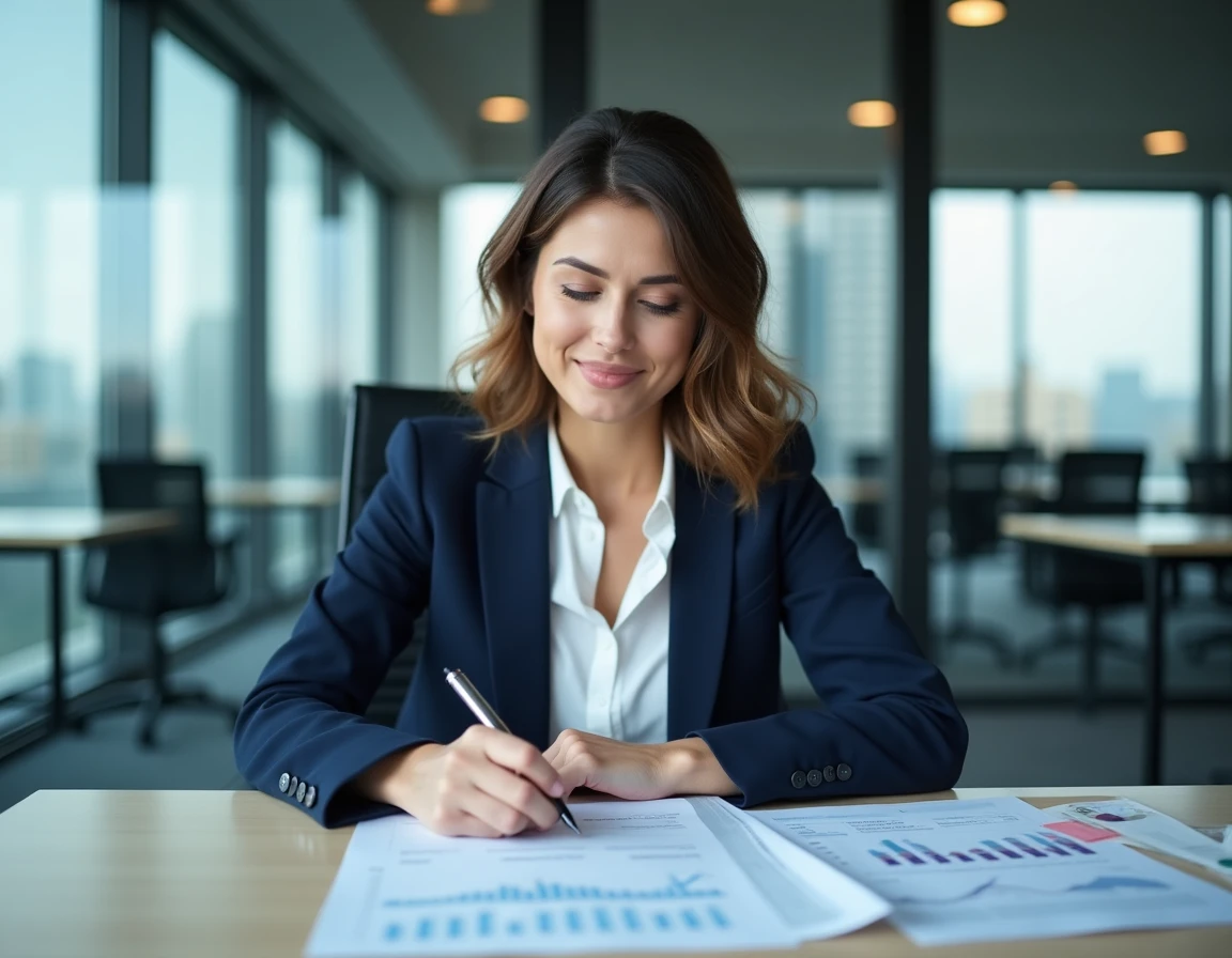 Comptable femme analyisant des tableaux comparatifs de salaires secteur public et privé dans un bureau moderne