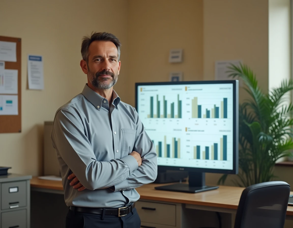 Comptable homme devant un écran de logiciel comptable comparant les salaires public et privé en France