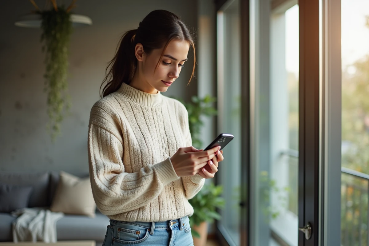 Jeune femme configurant son compte en ligne sur smartphone dans un appartement moderne