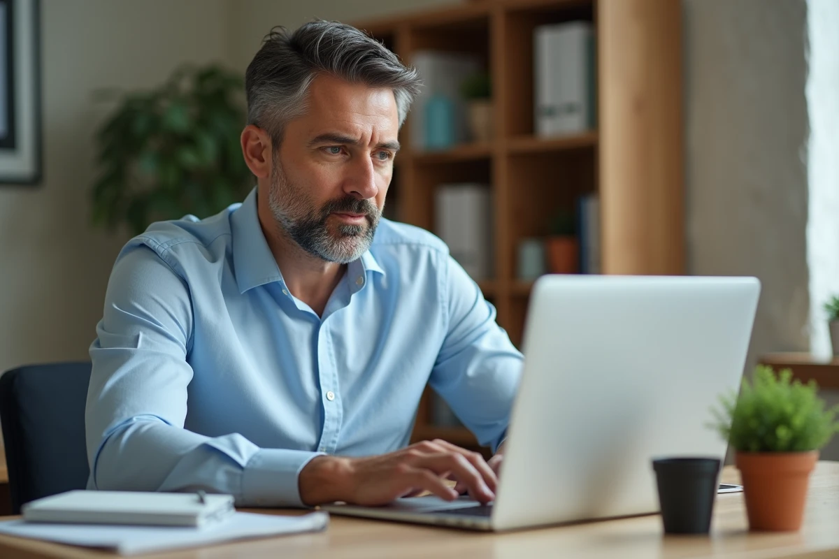 Homme se connectant à domiwebcmb sur un ordinateur portable dans un bureau à domicile