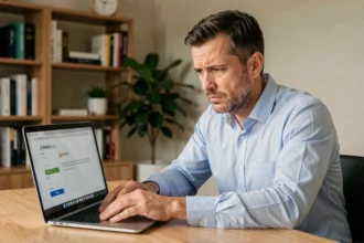 Homme concentré tentant de se connecter à son espace bancaire CIC Filibanque sur un ordinateur portable depuis son bureau à domicile