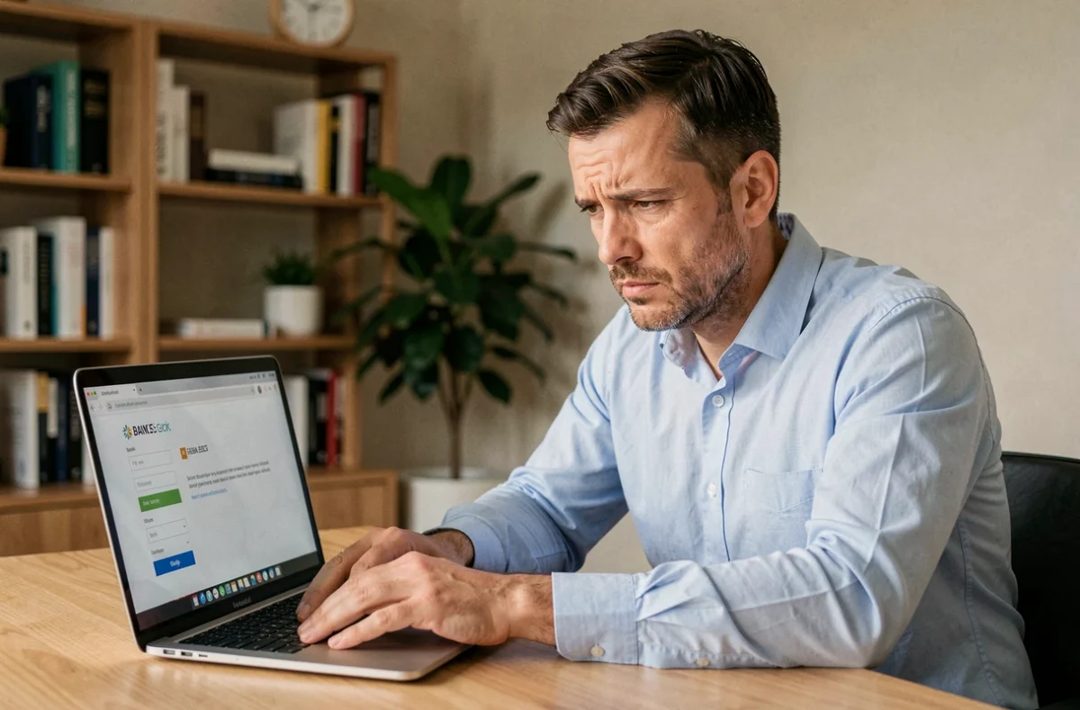 Homme concentré tentant de se connecter à son espace bancaire CIC Filibanque sur un ordinateur portable depuis son bureau à domicile