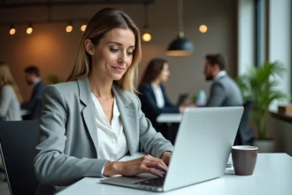 Professionnelle connectée à son espace Mon Cofidis Pro sur un ordinateur portable dans un bureau moderne