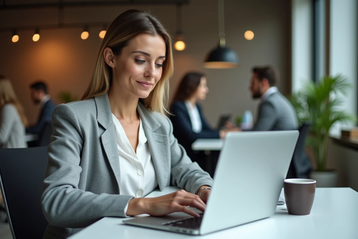 Professionnelle connectée à son espace Mon Cofidis Pro sur un ordinateur portable dans un bureau moderne