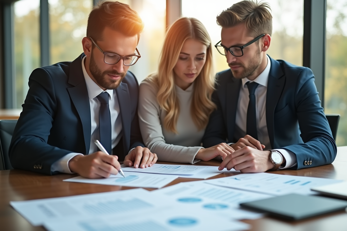 Conseiller financier et couple analysant documents de prêt