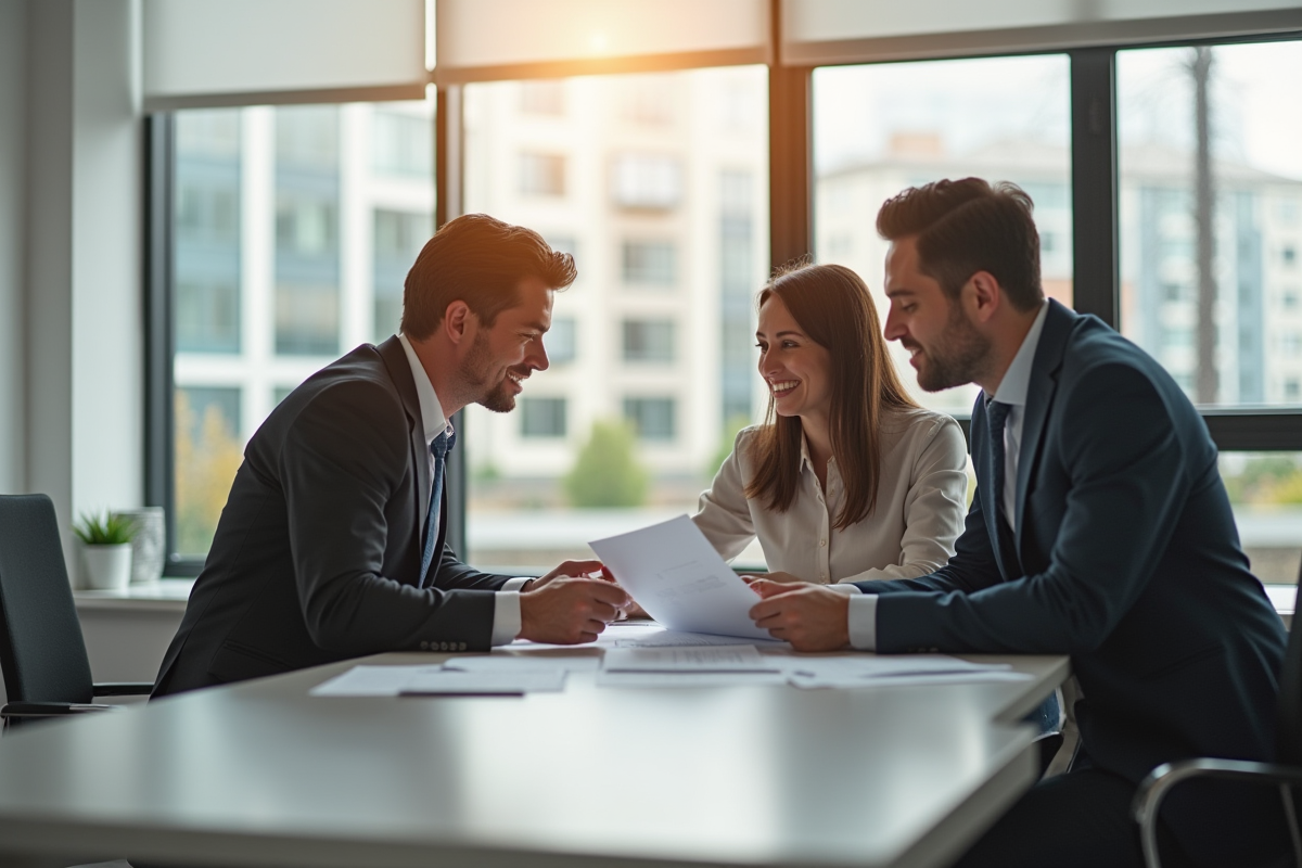 Conseiller financier avec un couple dans un bureau lumineux