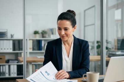 Conseillère bancaire analysant un contrat de compte à terme dans un bureau professionnel