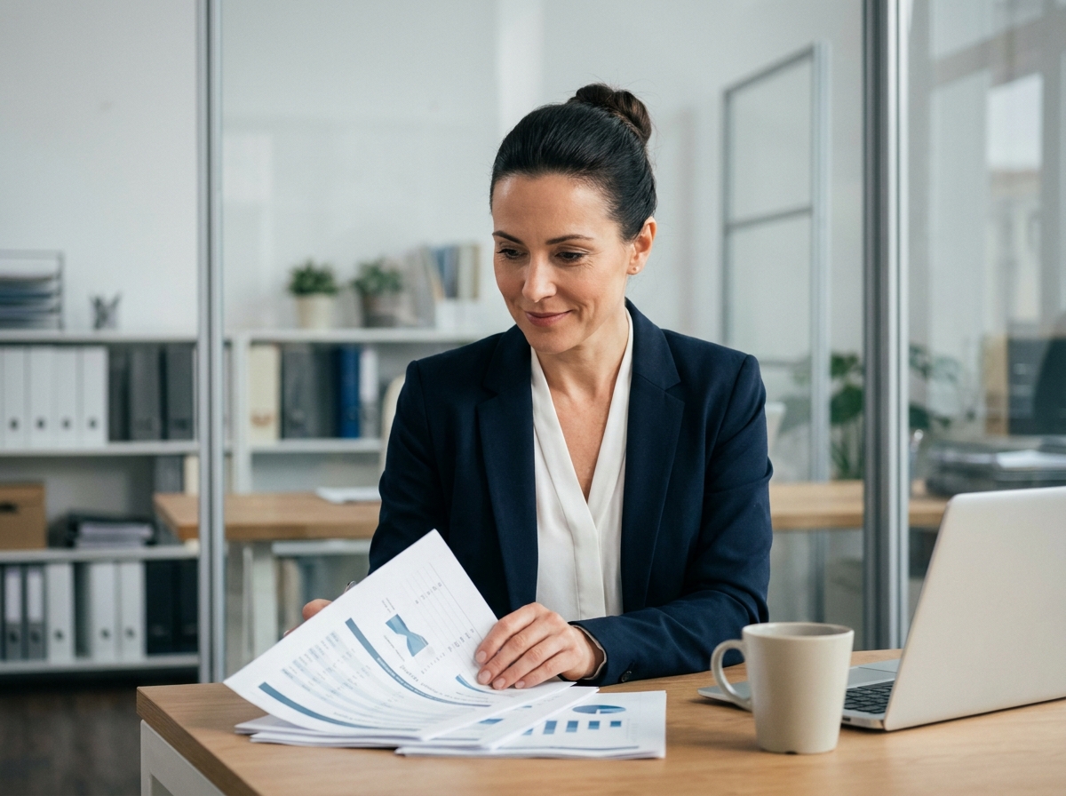 Conseillère bancaire analysant un contrat de compte à terme dans un bureau professionnel