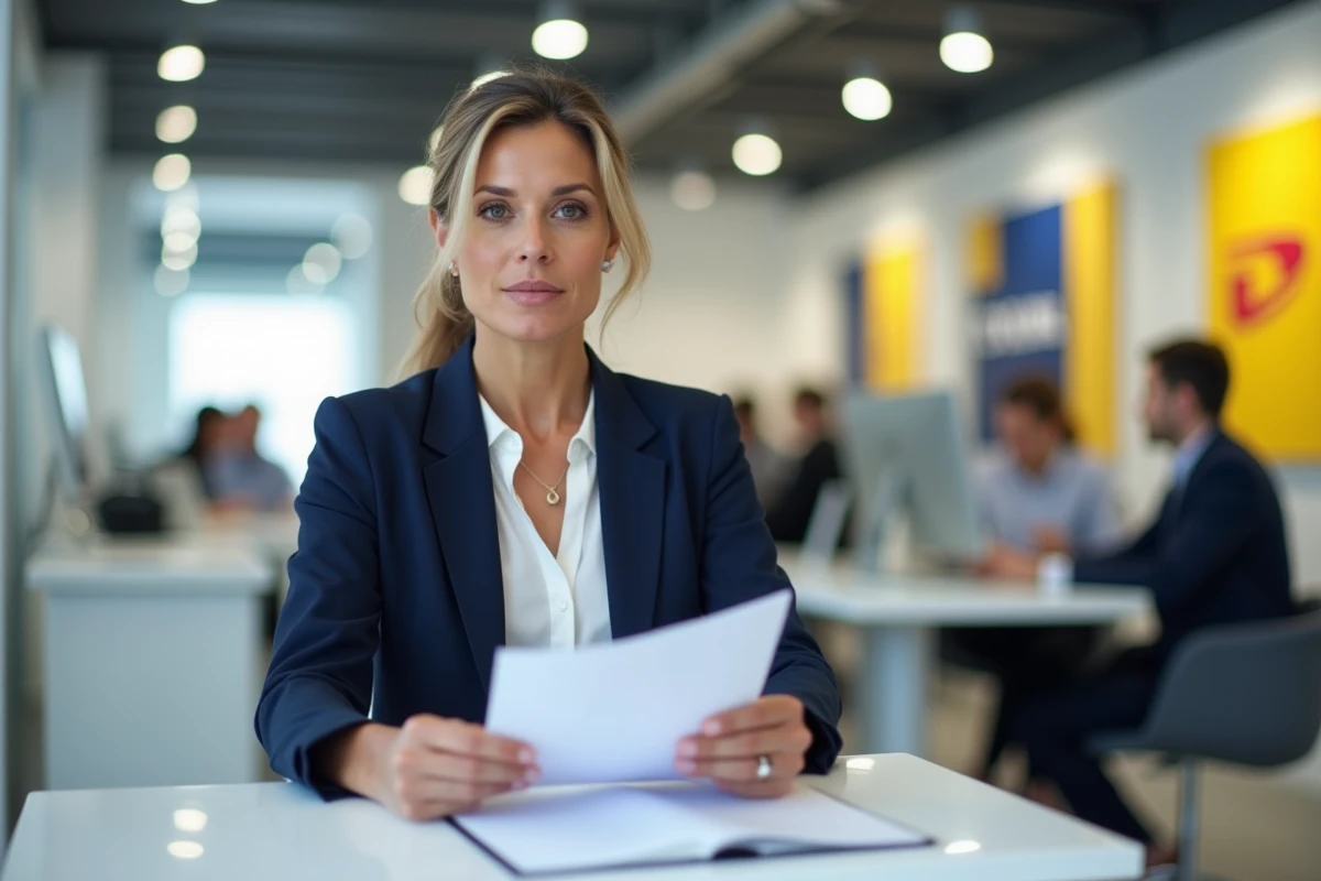 Conseillère bancaire de La Banque Postale assise à son bureau dans une agence moderne, prête à renseigner les clients sur les centres financiers selon leur ville