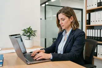 Conseillère bancaire du Crédit Agricole Côtes d'Armor analysant des outils de gestion de budget sur un ordinateur portable en agence