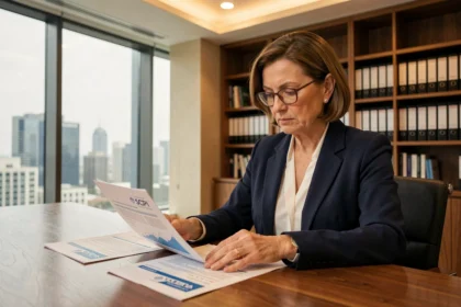 Conseillère financière analysant une liste de SCPI dans un bureau moderne avec documents d'investissement immobilier