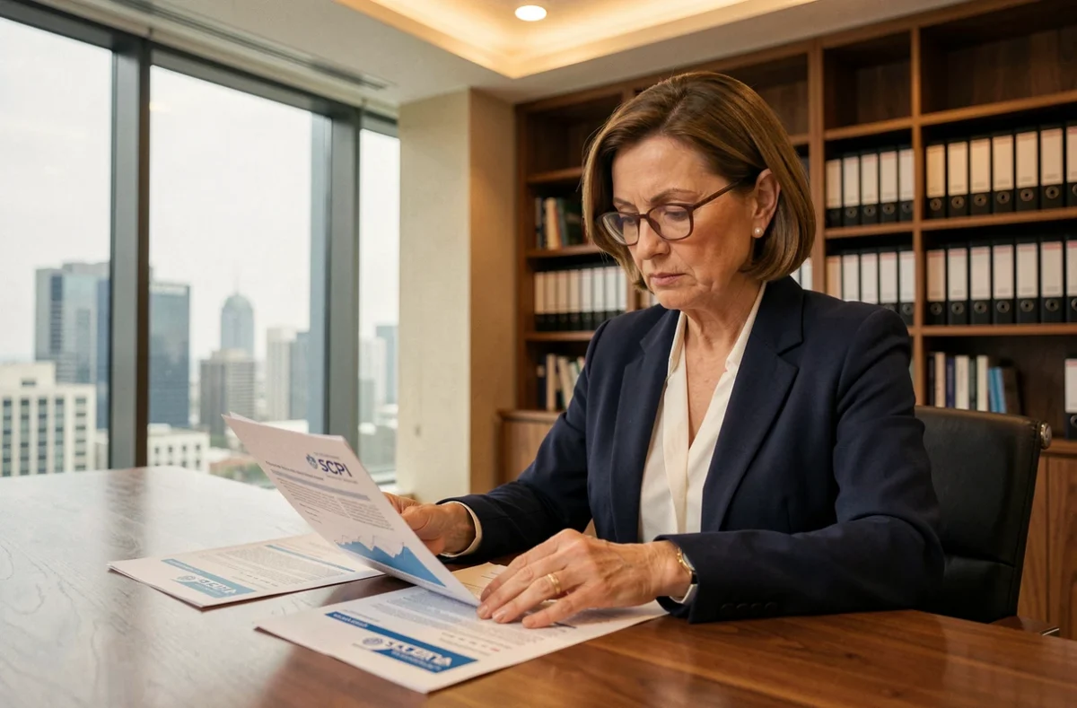 Conseillère financière analysant une liste de SCPI dans un bureau moderne avec documents d'investissement immobilier