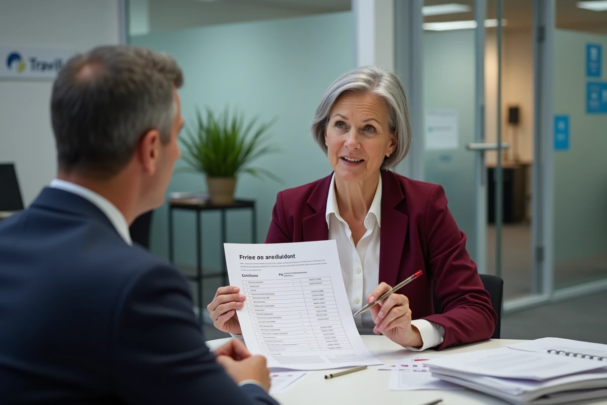 Conseillère France Travail expliquant le calcul de l'ARE à un demandeur d'emploi en agence