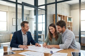 Consultant immobilier présentant un projet rentable à un couple dans une agence moderne