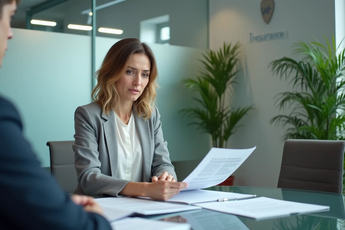 Femme consultant un conseiller en assurance et examinant des documents de contrat avant de souscrire