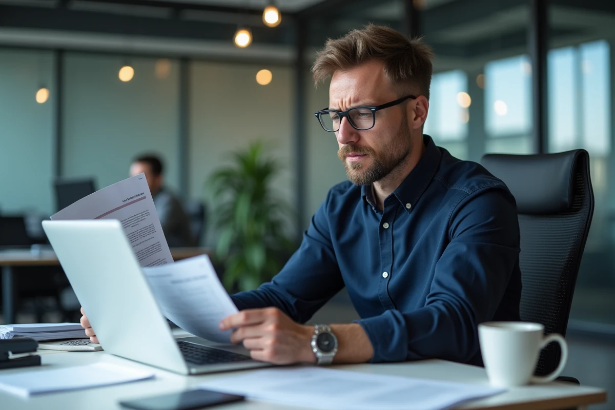 Homme consultant des documents d'assurance sur ordinateur portable dans un bureau professionnel