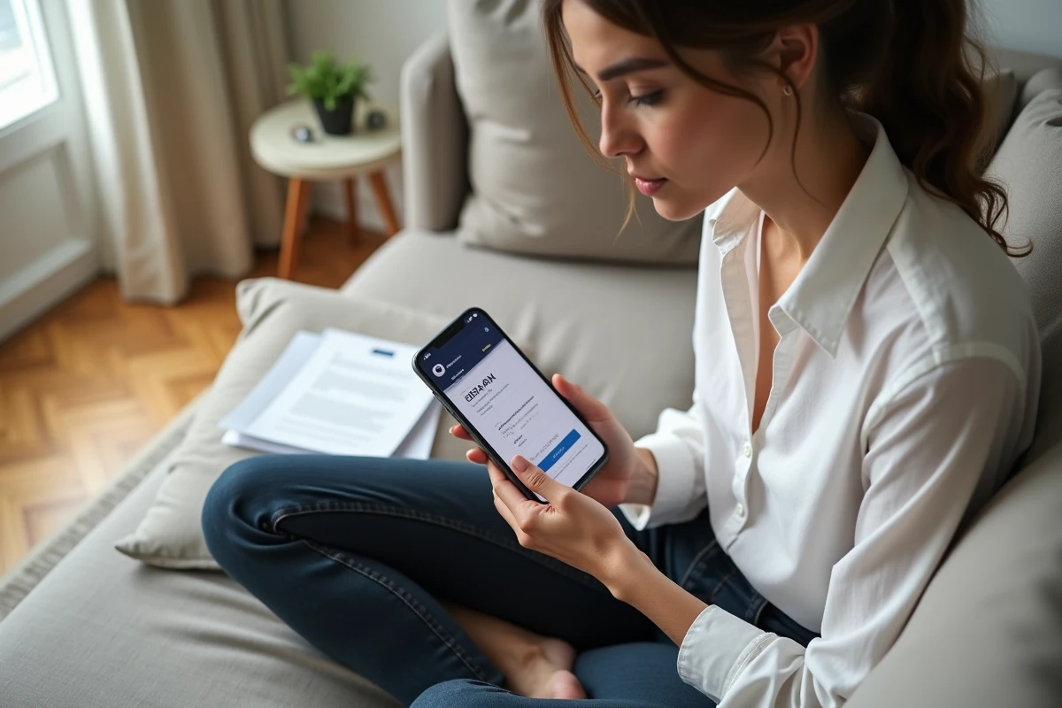 Jeune femme consultant son IBAN sur application bancaire pour mettre à jour son dossier France Travail