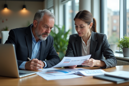 Couple d'affaires en réunion dans un bureau lumineux