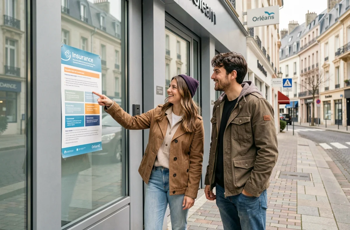 Couple découvrant les offres de mutuelle Harmonie devant une agence à Orléans