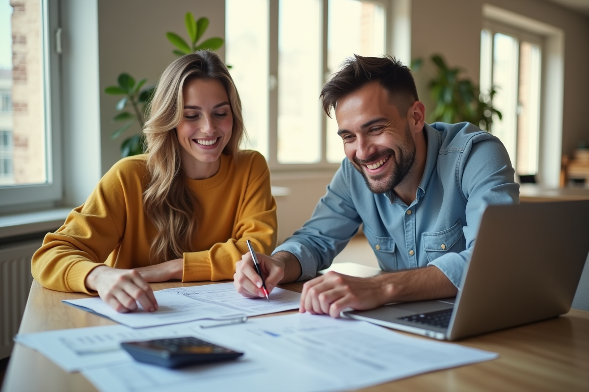 Jeune couple souriant analysant des documents financiers