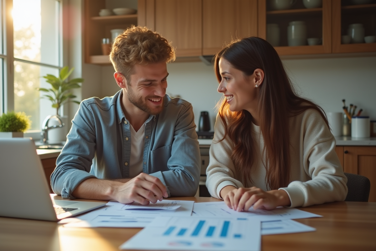 Jeune couple analysant des documents financiers à la cuisine