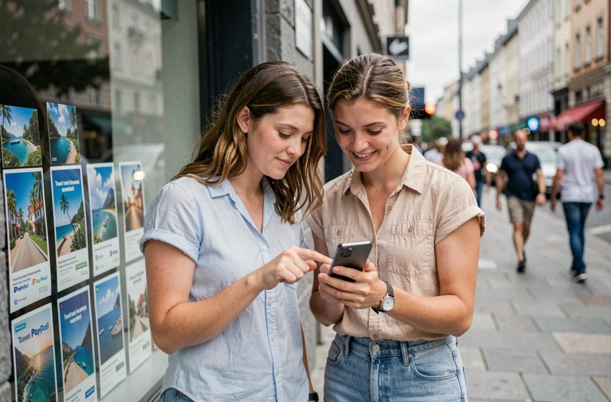 Couple consultant PayPal pour activer leur assurance voyage dans la rue