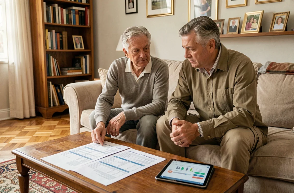 Couple examinant ensemble un calendrier annuel de paiements de pension d'invalidité et une application de budget sur tablette dans leur salon