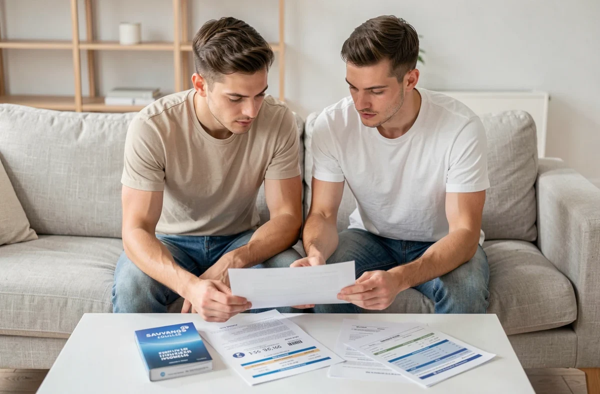Jeune couple comparant les taux d'intérêt du livret A et d'autres placements ensemble dans un salon moderne et épuré