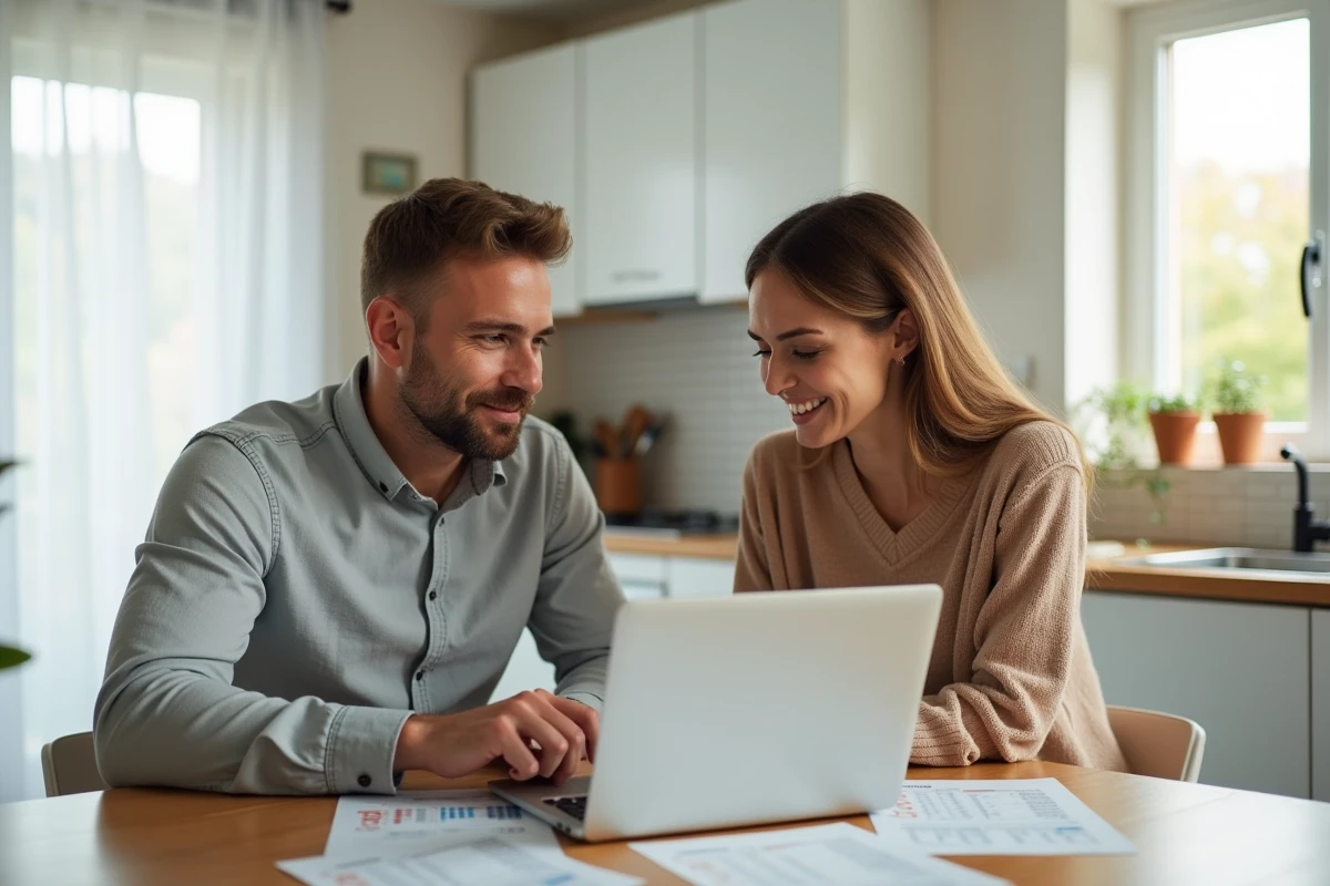 Couple évaluant ensemble les avantages du Quadreto Caisse d'Épargne et du PEL classique sur un ordinateur portable à la maison