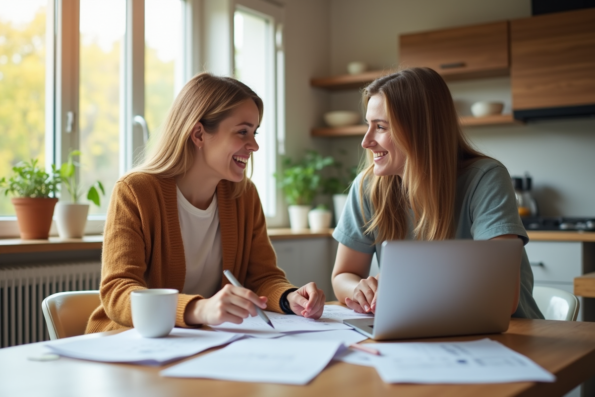 Jeune couple discutant finances à la cuisine lumineuse