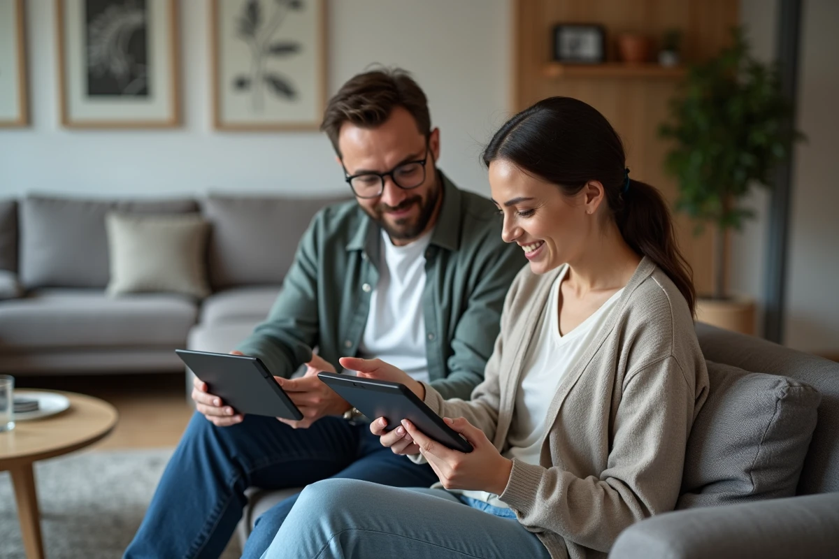 Couple consultant ensemble l'espace particulier Société Générale sur une tablette pour gérer virements et plafonds bancaires depuis leur salon