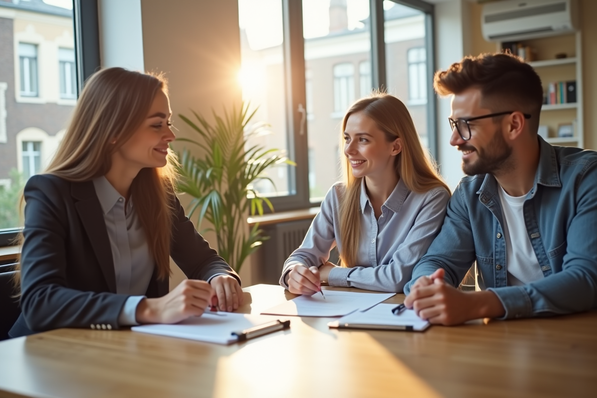 Jeune couple professionnel avec agent immobilier dans un salon lumineux