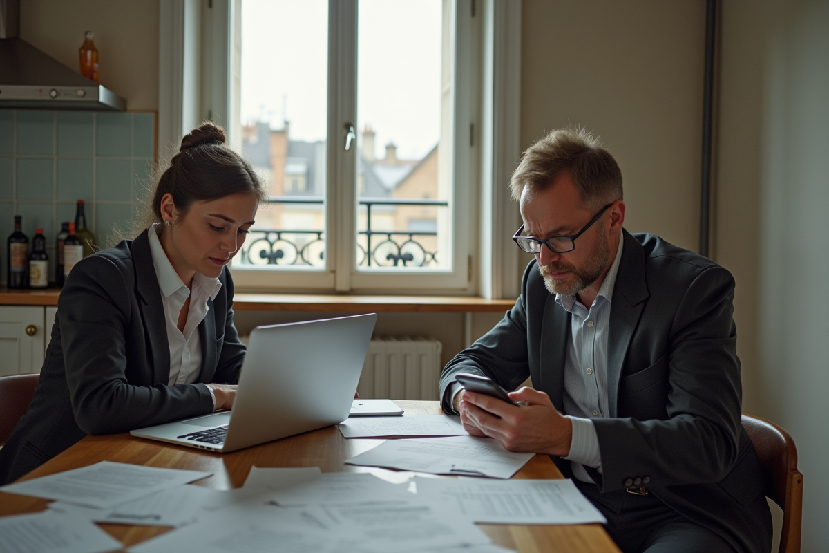 Couple français inquiet à la maison avec papiers et ordinateur